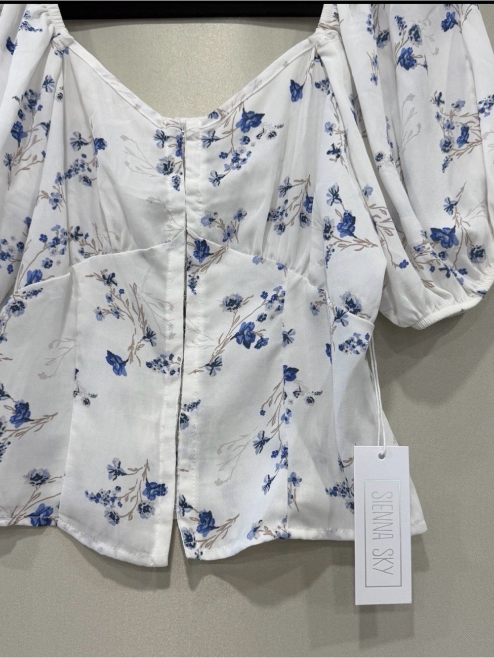Sienna Sky White Top with Blue Floral Puff Sleeves - Picture 3 of 7